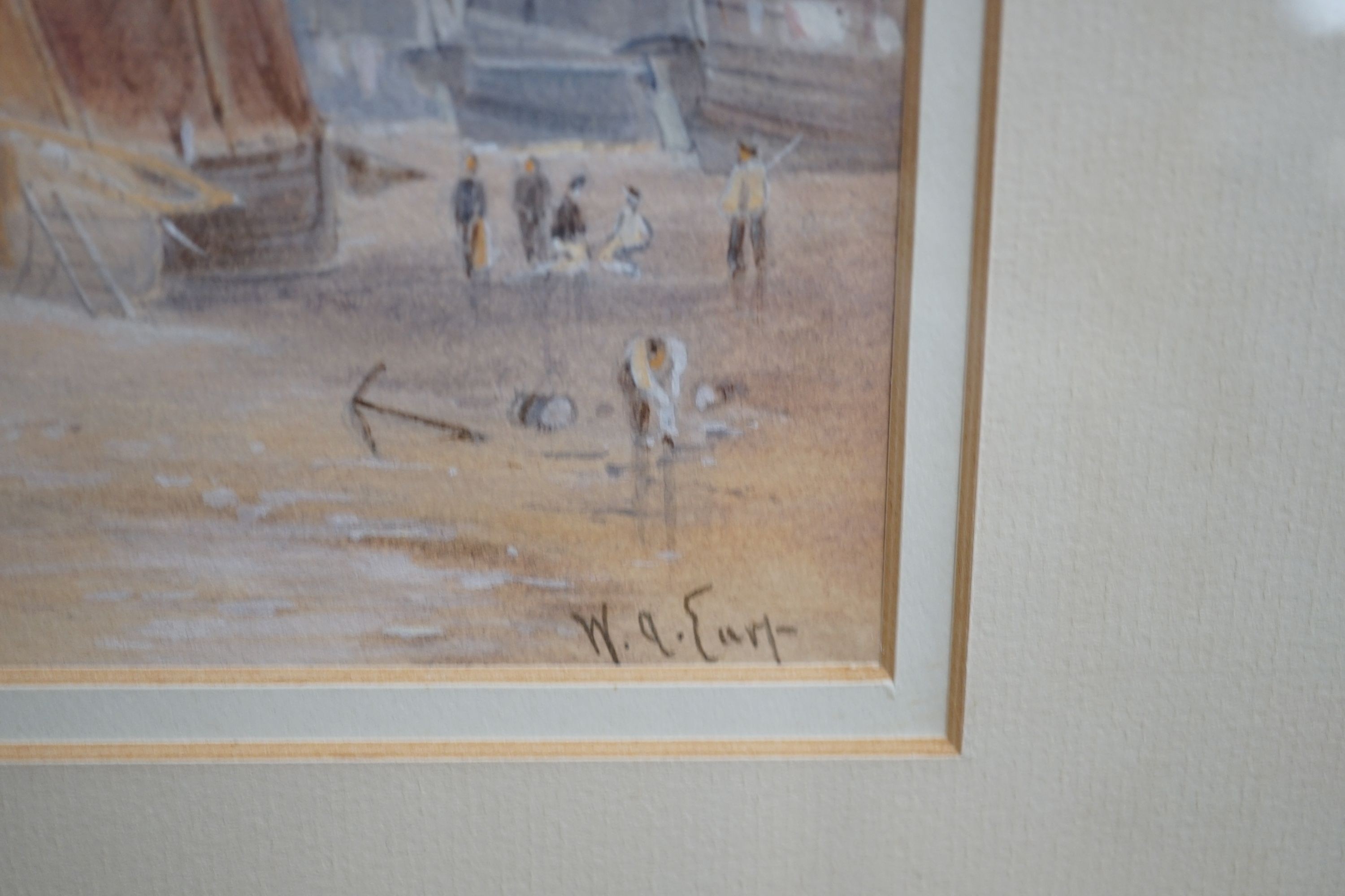 E.A. Earp, Fishing boats on Hastings beach, watercolour, signed, 14 x 23cm